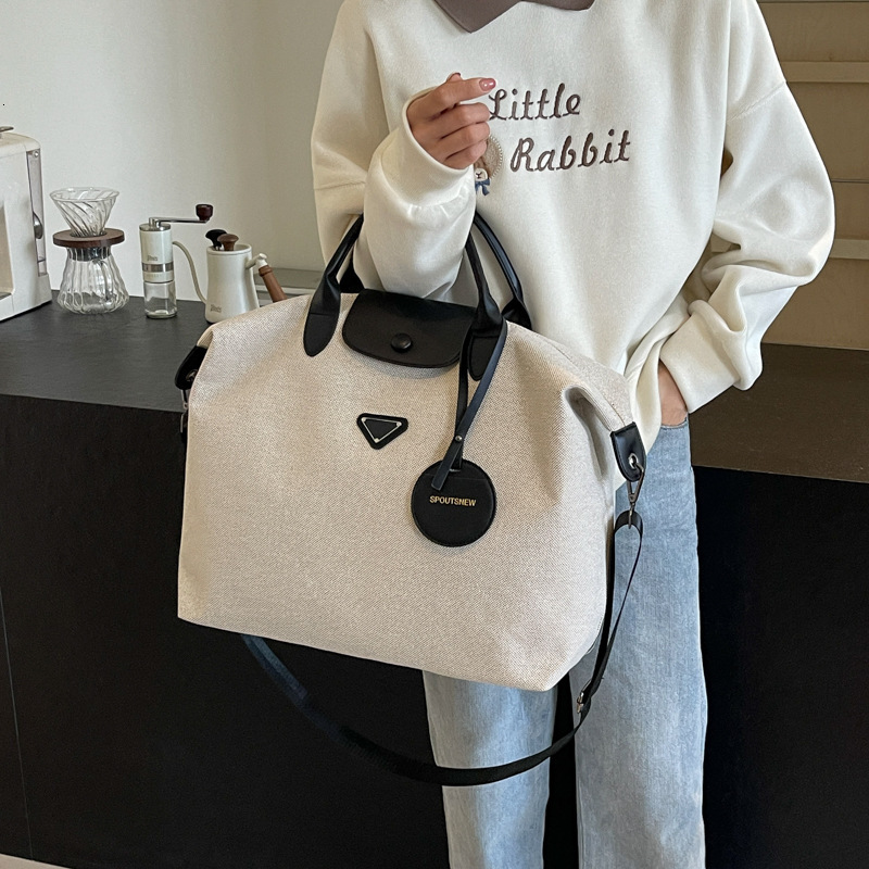Canvas Duffle for Women - Large Capacity Travel Handbag with Leather Trim, Luxury Weekender Overnight Bag