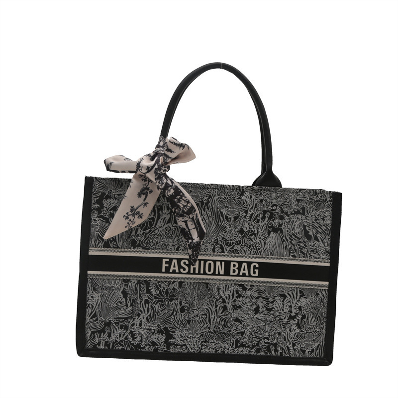Embroidered Floral Tote Bag for Women - Premium PU Leather Handbag with Silk Scarf, Luxury Large Capacity Shoulder Bag