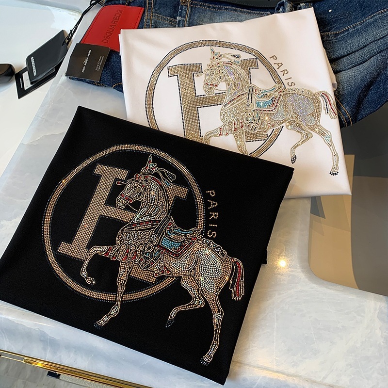 Luxury Brand Designer Clothes Pure Cotton European Station Summer Men's Rhinestone Round Neck Short Sleeve Inlaid Trendy Brand European Men'