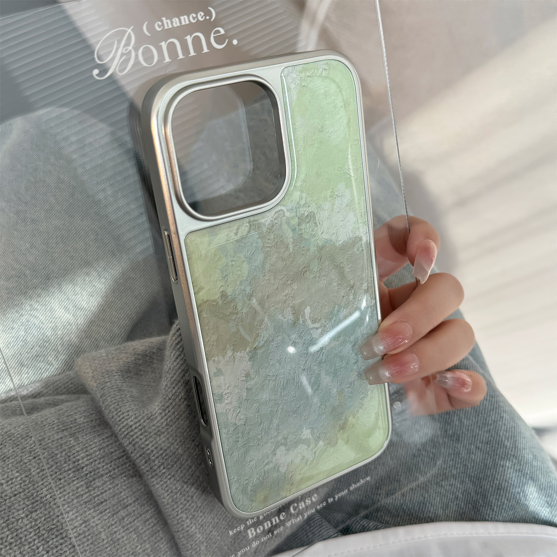 Silver Frame Green Oil Painting Case for iPhone 15 16 Pro Max