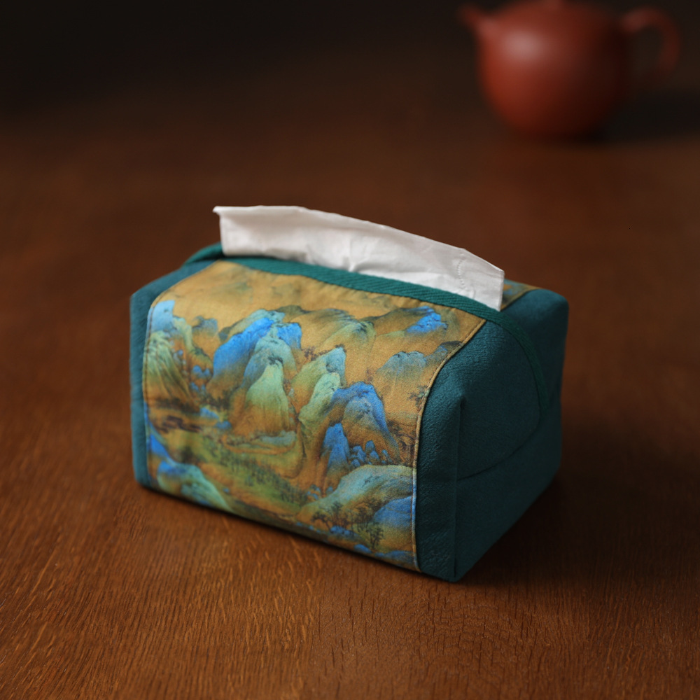 Tissue Box Cover Elegant Chinese Ancient Painting Style Crane Pattern High Luxury Canvas Tissue Holder Home Decor