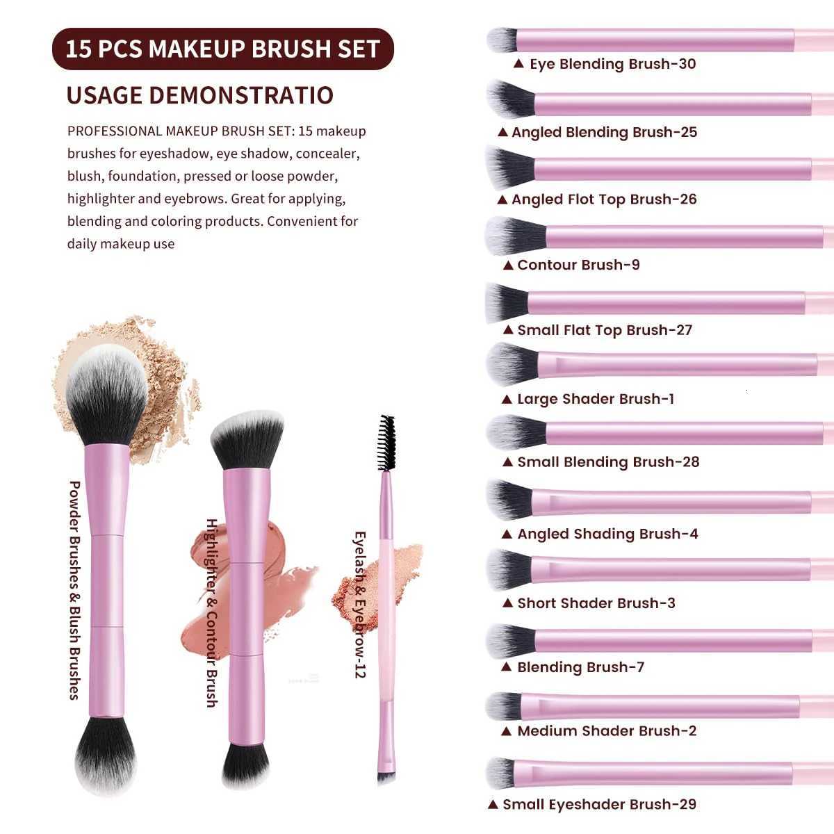 15 PCS Makeup Brushes Double-ended Makeup Brush Set Double Sided Angled/Round Top Brush Foundation Contour Blending Eyebrow Eyes Z260408