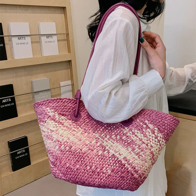 Gradient Color Straw Underarm Shoulder BagSummer Beach Vacation Travel Tote BagGrass Woven HandbagShopper Boho Market Basket 260407