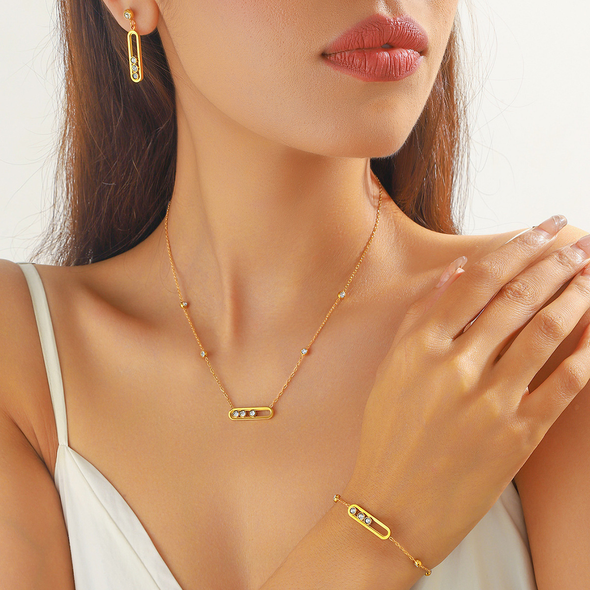 Necklace Bracelet New Fashionable Hot-Selling Long Diamond-Embellished Stainless Steel Gold-Plated Versatile Necklace Bracelet And Earring Set For Wom