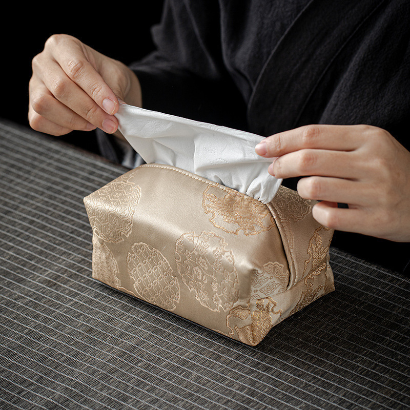 Tissue Box Chinese Style Light Luxury Black Leather Texture Gold Embossed Pattern Zen Tea Table Holder Living Room Household Tissue Cover