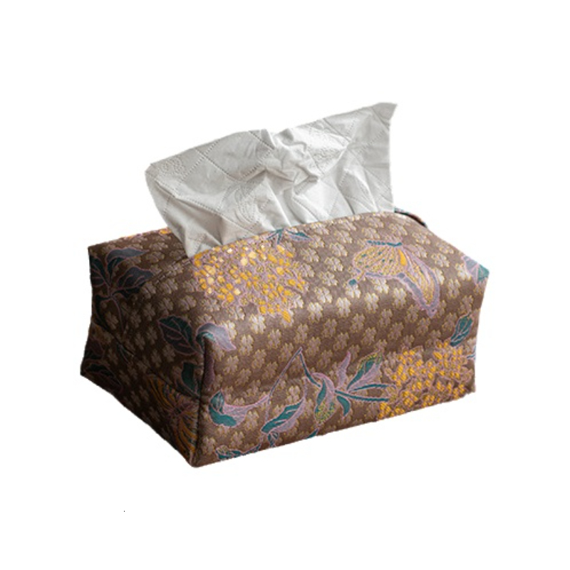 Tissue Box Chinese Zen Style Light Luxury Brown Background Four Leaf Clover Pattern Fabric Retro Living Room Tea Table Household Tissue Cover
