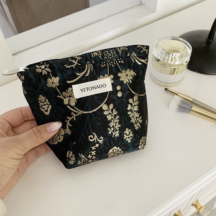 Storage Bag Large Capacity Vintage Embroidered Flowers Design Travel Portable Clutch Toiletry Bag Black Gold Color