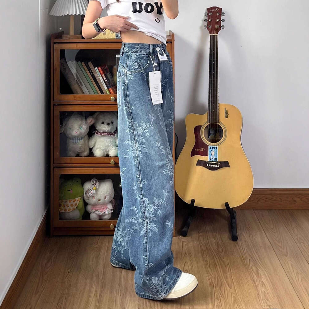 Jacquard Embroidered Women's Jeans Early Autumn High-Waisted Loose Wide-Leg Vintage Straight-Leg Long Pants Floor-Length Available For - view 3