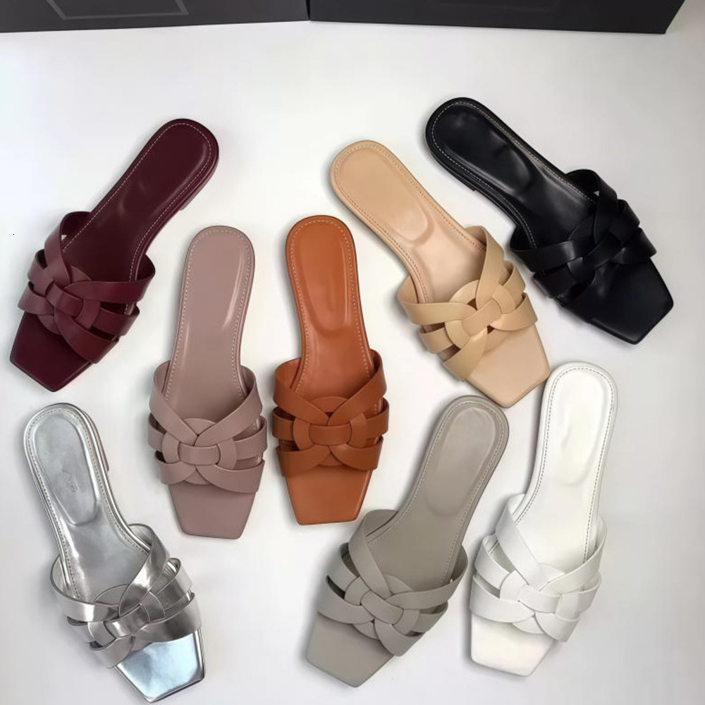 Designer Tribute Mules Womens Slides Sandals Slippers Smooth Leather Flat Flat Women Beach shoes Summer Slide Sandal Slipper Flip Flops Size 35-41