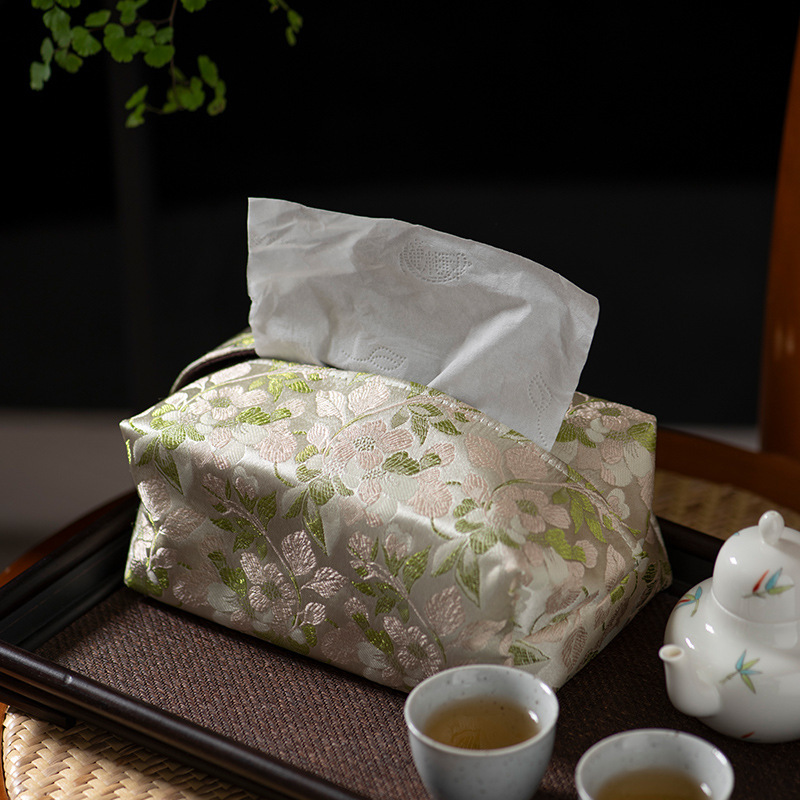 Tissue Box Chinese Zen Style Light Luxury Brown Background Four Leaf Clover Pattern Fabric Retro Living Room Tea Table Household Tissue Cover