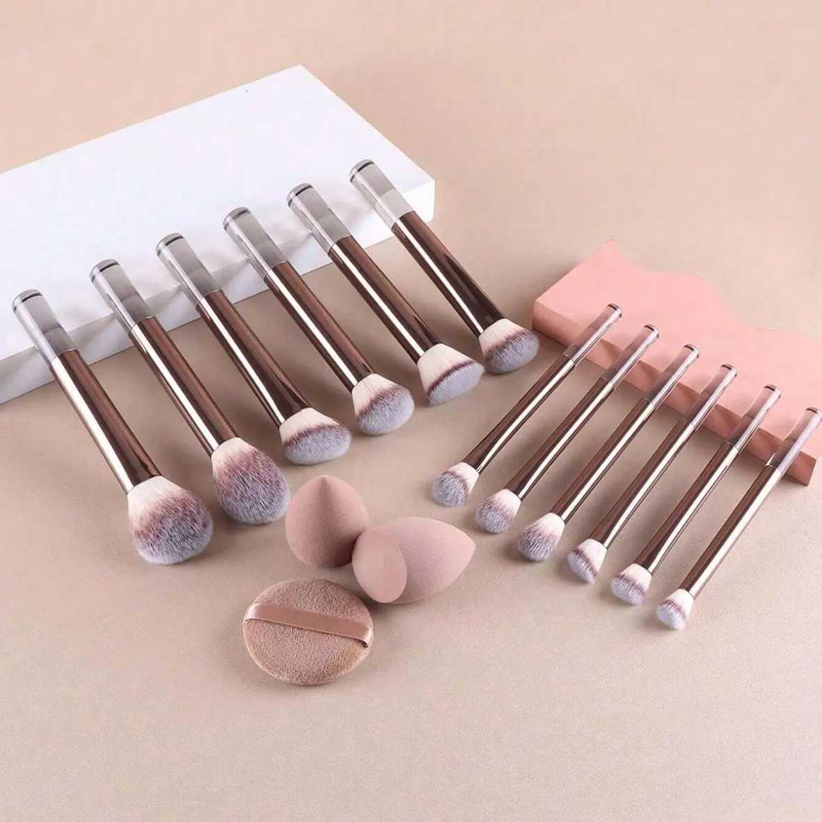 12pcs Professional Makeup Brush Set Incl Eyeshadow Powder Blush Brushes 2pcs Makeup Sponges 1pc Powder Puff Complete Trave Z260408
