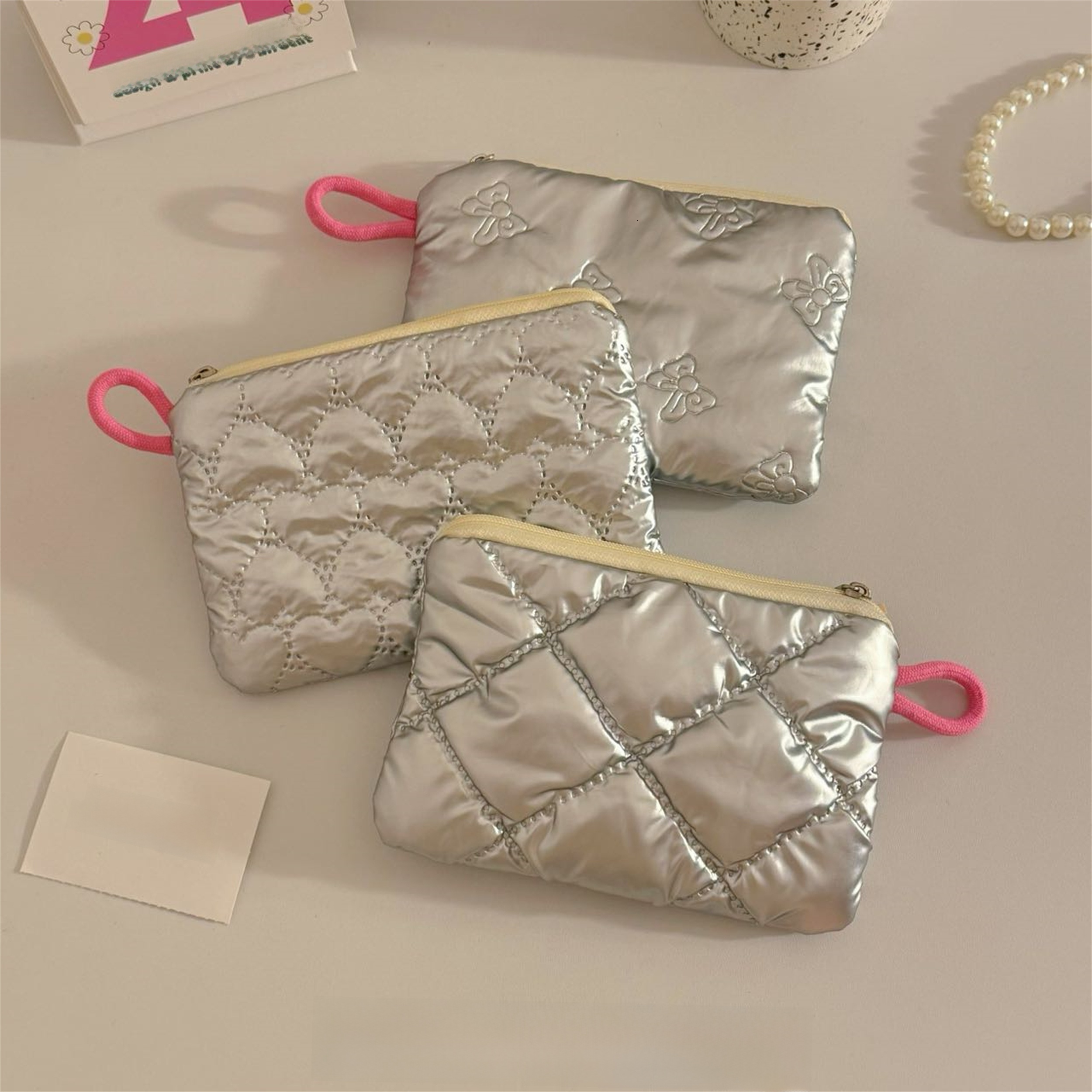 Makeup Bag Korean Ins Blogger Style Quilted Cute Bow Print Glossy Leather Handheld Portable High Value Small Coin Purse For Women