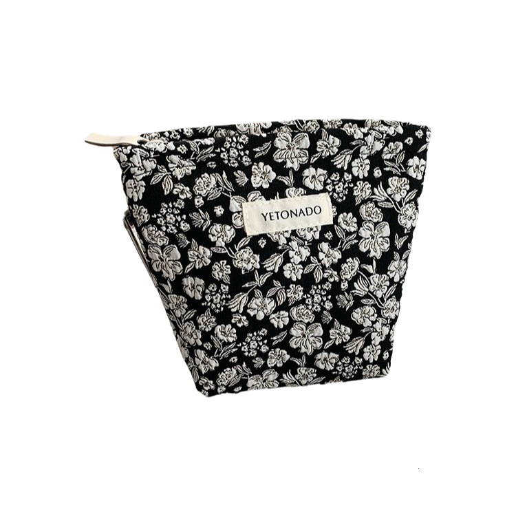 Storage Bag Ins Style Floral Large Capacity Portable Makeup Pencil Case Inner Pouch Travel High End Clutch Bag Flower Style Black Color