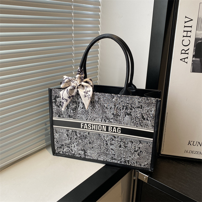 Embroidered Floral Tote Bag for Women - Premium PU Leather Handbag with Silk Scarf, Luxury Large Capacity Shoulder Bag