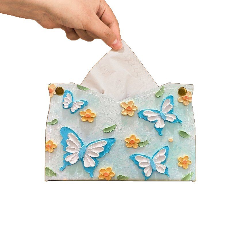 Tissue Box High End New Chinese Style Leather Oil Painting Butterfly Print Luxurious Home Decor For Coffee Table Living Room Household Use
