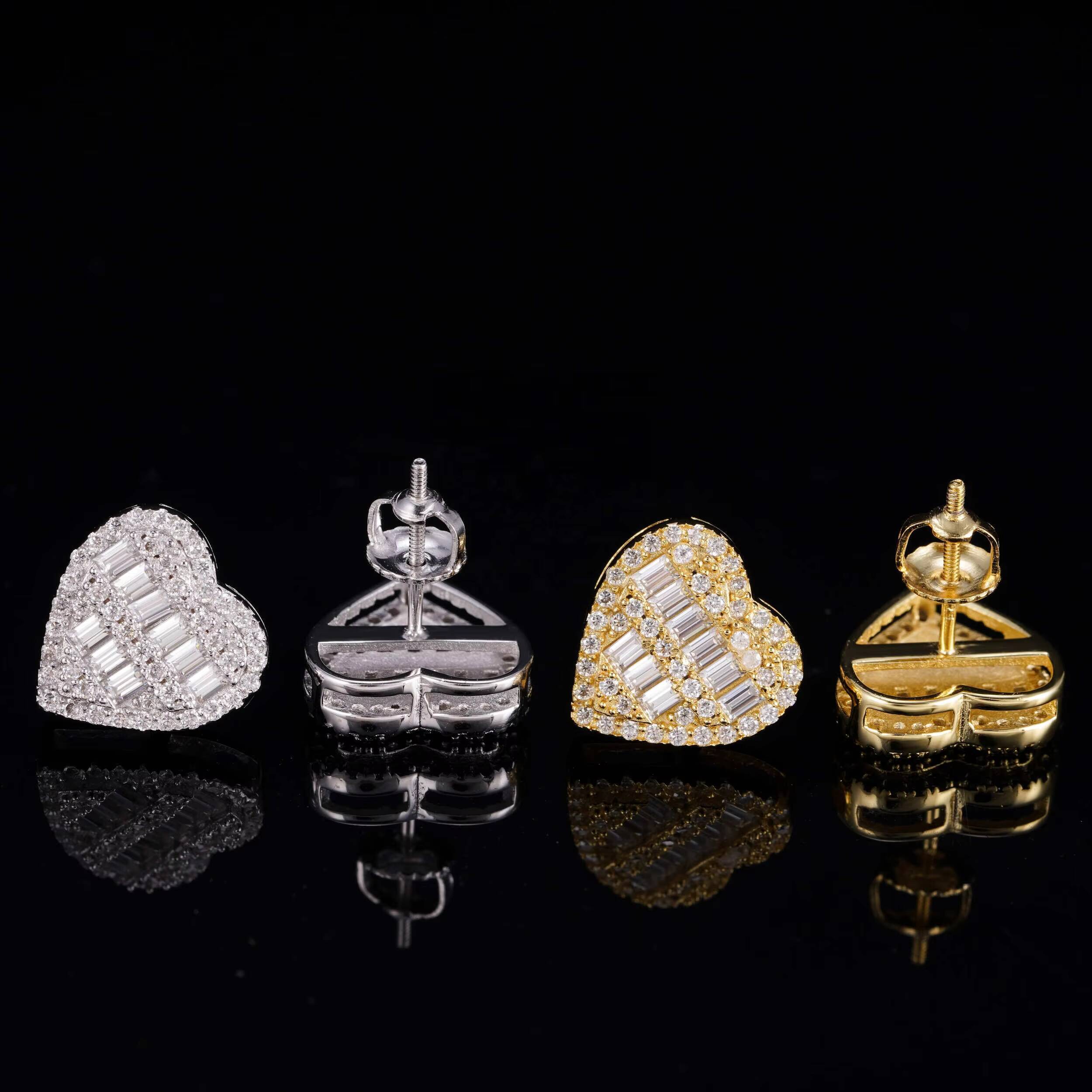 Hip Hop 14K Real Gold Lab Grown Diamond Heart Baguette Stud Earrings EverLasting Gift for Women Men Fine Jewelry