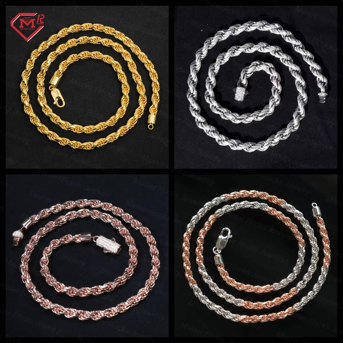 Wholesale Price 4mm 5mm Rose Gold Rope Chain Necklace 925 Silver Plated Custom Moissanite Clasp Rope Chain