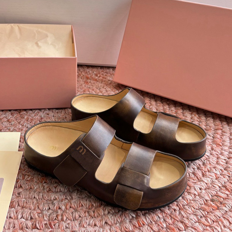 Ladies Bleached Leather Sandals Designer Retro Double Velcro Slippers 5XX674 Womens Luxury College Style Sandals Genuine Leather Outsole Sizes 35 41