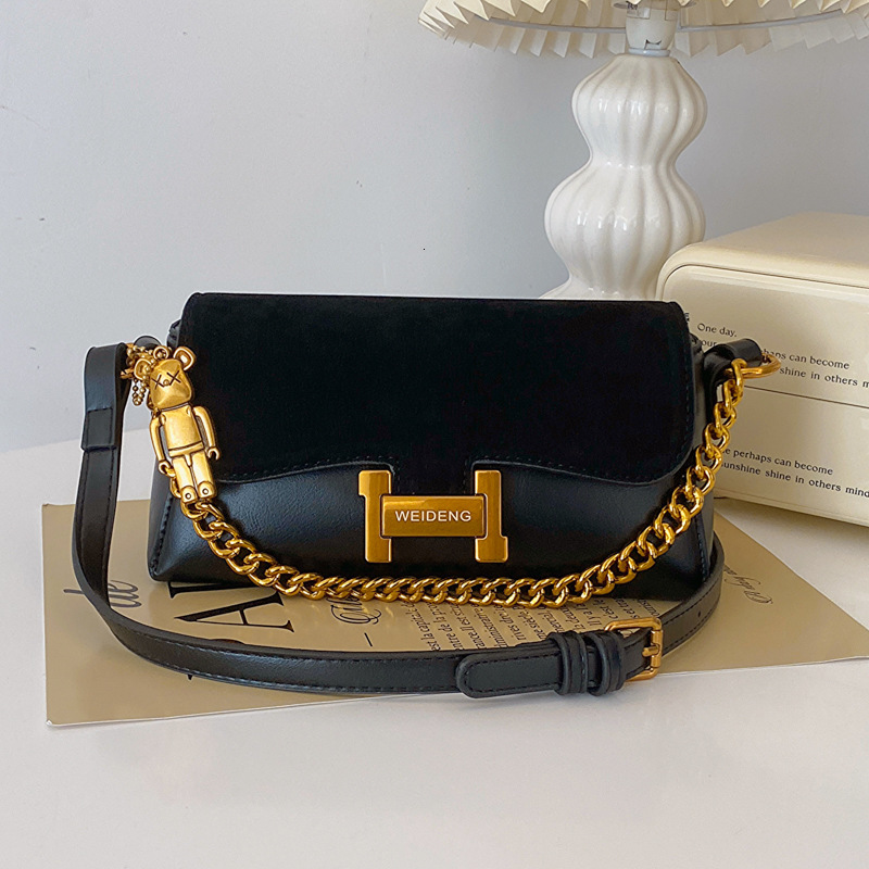 WEIDENG Contrast Flap Bag with Bear Charm for Women, 2026 New Arrival Suede & Leather Crossbody, Perfect for Dating, Shopping & Travel