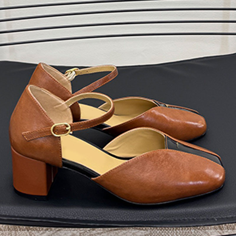 Hochwertige Braune Damen Sandalen Neue Designer Damen Quadratkopf Farb Hochabsatze Fashion Party Womens Coarse Heel Sandals Leather Fabric Lady High Heels