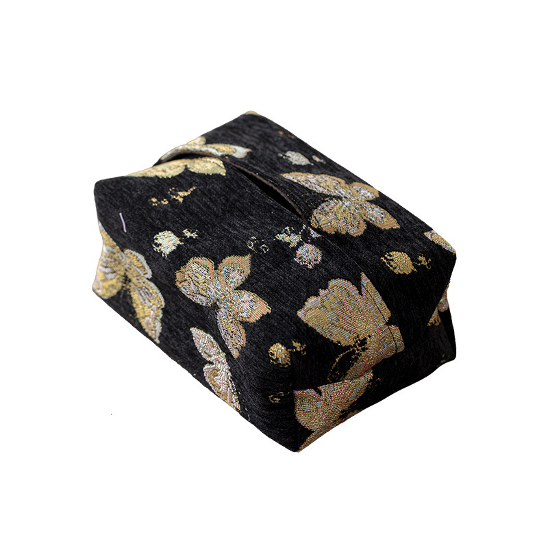 Tissue Box Cover Gold Butterfly Brocade Ink Background New Chinese Style Imitation Silk High End Tea Fabric Dustproof Tissue Holder For Living Room