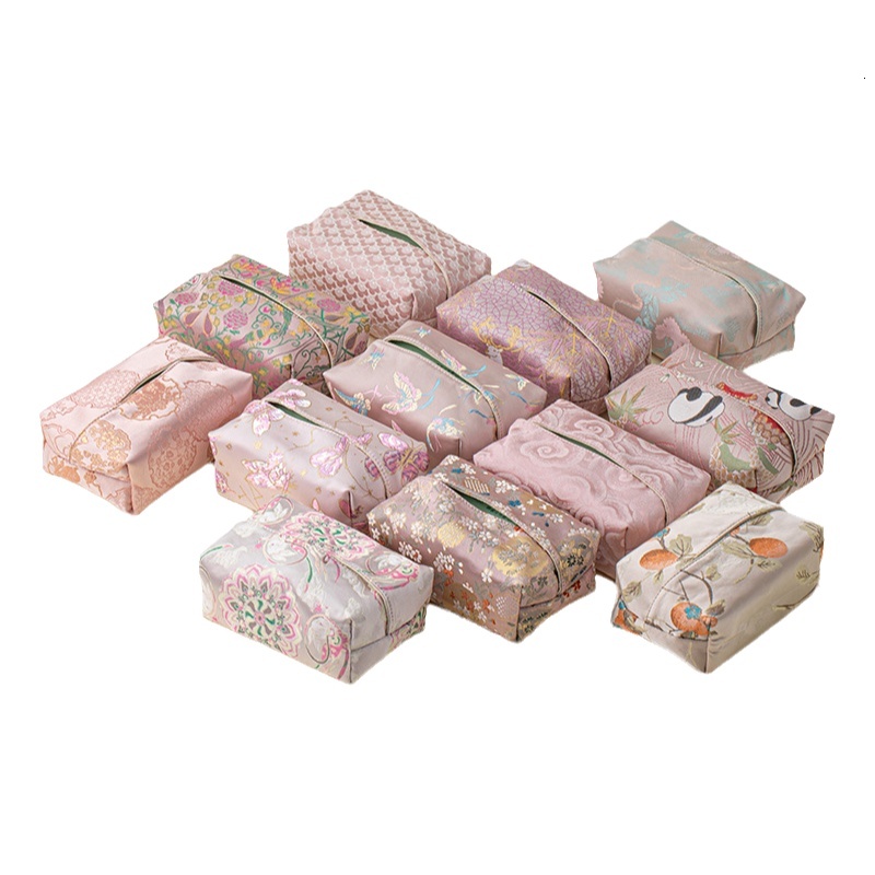 Tissue Box Cover New Chinese Style Fabric Light Luxury Creative Home Bedroom Living Room Tissue Holder For Model Room Pink Color