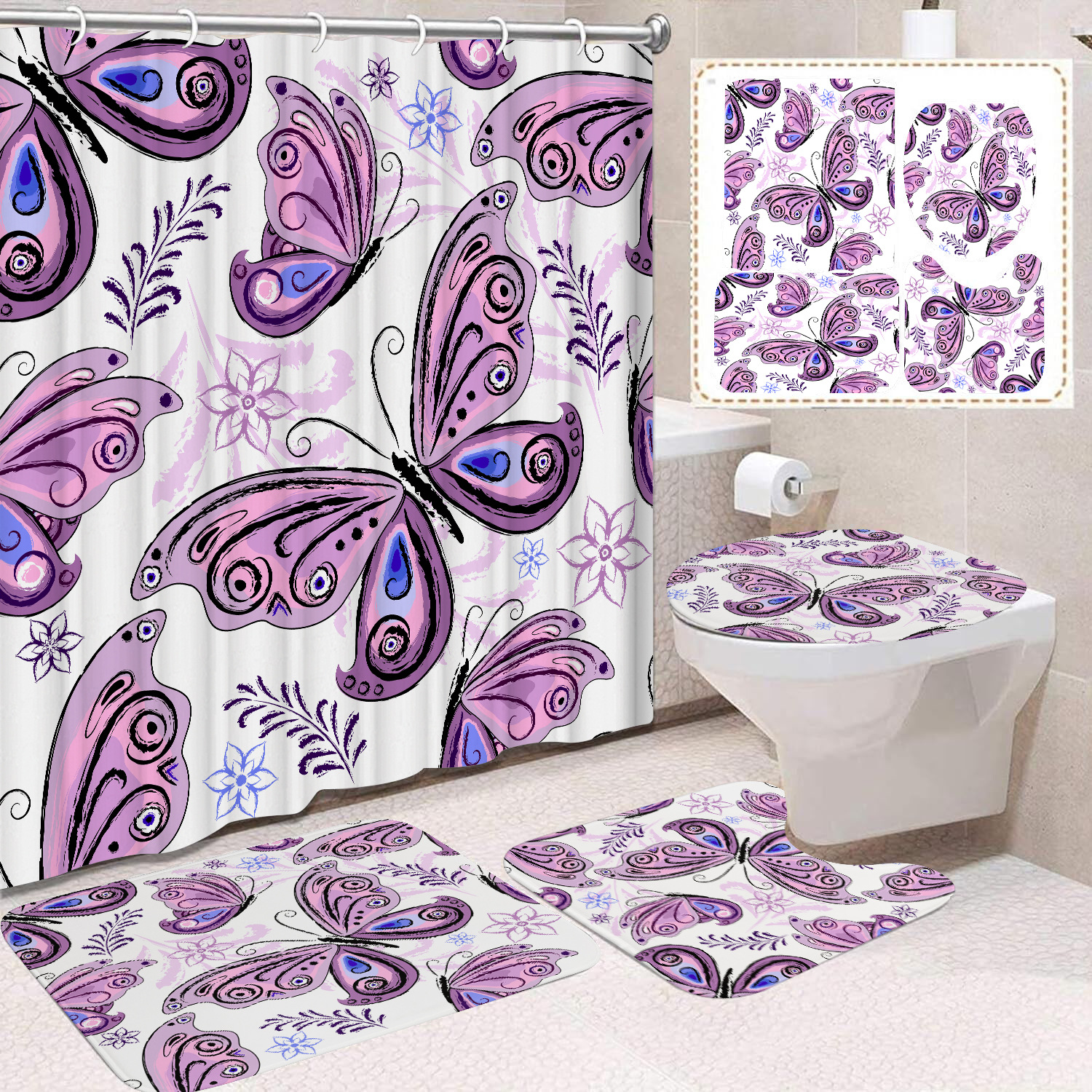 YL-38461 Home Decor Pink Butterfly and Flower Waterproof Shower Curtain Set (4 Pieces)