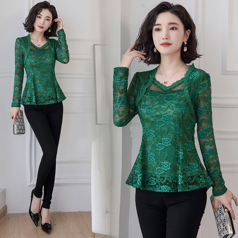 2025 Spring New Large Size Elegant Waist-Slimming Long Lace Blouse for Women Solid Color Suitable for Mothers 210317
