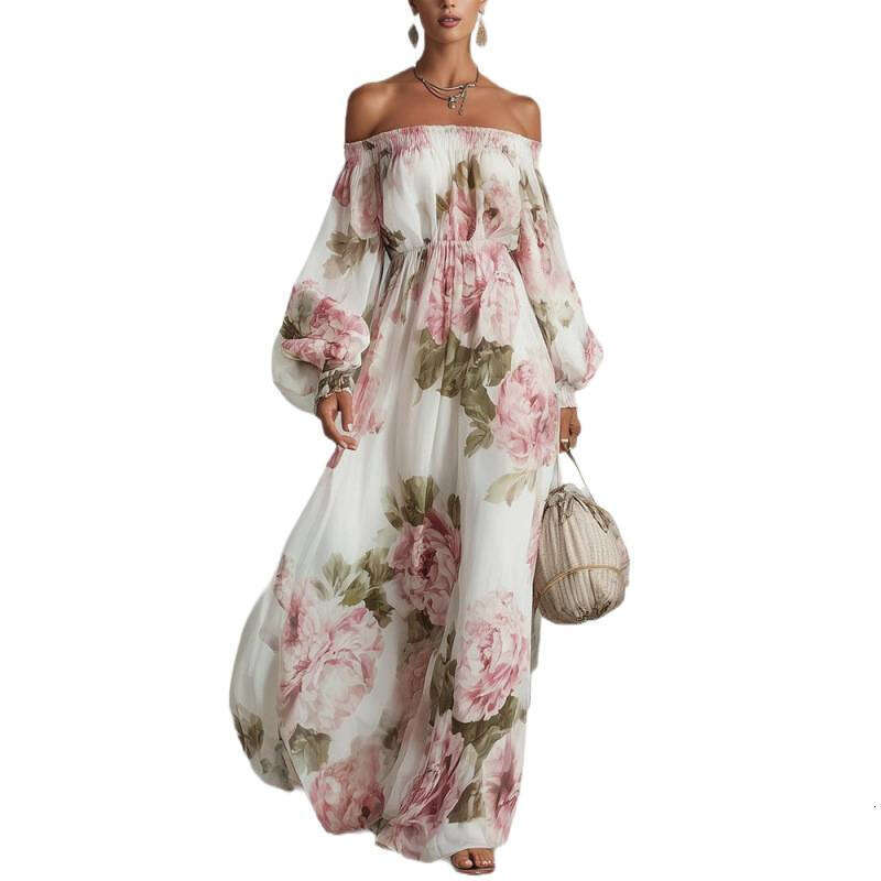 2026 New European And American Cross-Border Amazon Fashion Best-Seller Printed Off-Shoulder Lantern Sleeve Elegant Dress