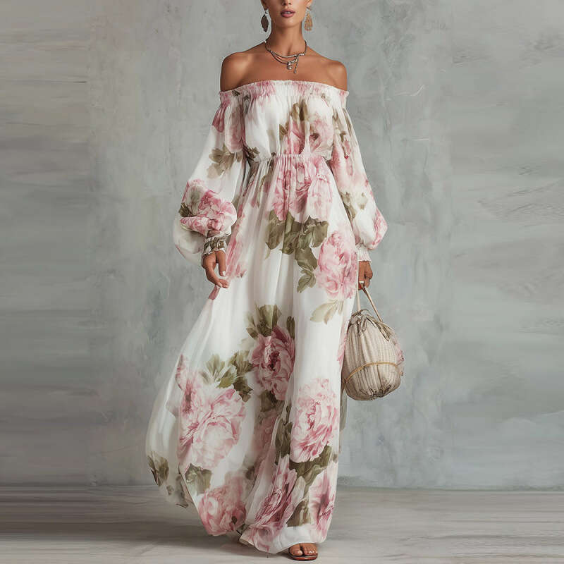 2026 New European And American Cross-Border Amazon Fashion Best-Seller Printed Off-Shoulder Lantern Sleeve Elegant Dress