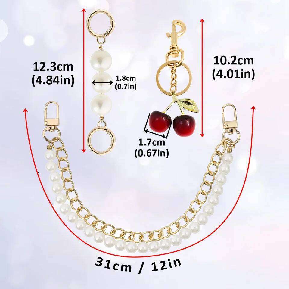 3PCS Pearl Cherry Bag Charms Pearl Cherry Keychains Replacement Extension Chain for Crossbody Bags Handbag Straps Accessories Keychain Visionice