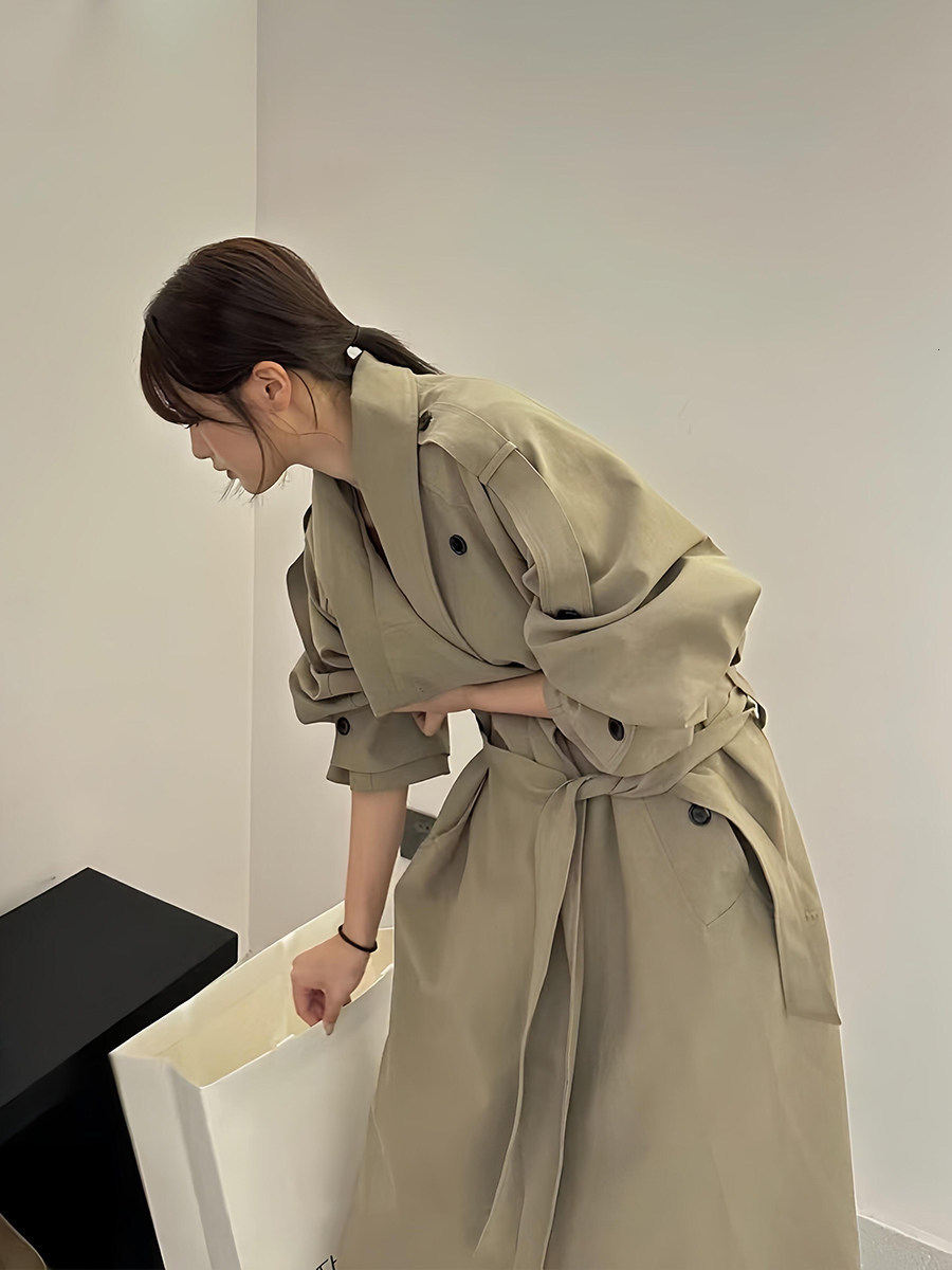 Autumn Winter Elegant High Neck Long Trench Coat For Women Pleated Hem Lace Up Jacket Windproof Overcoat Lady Outwear 251030