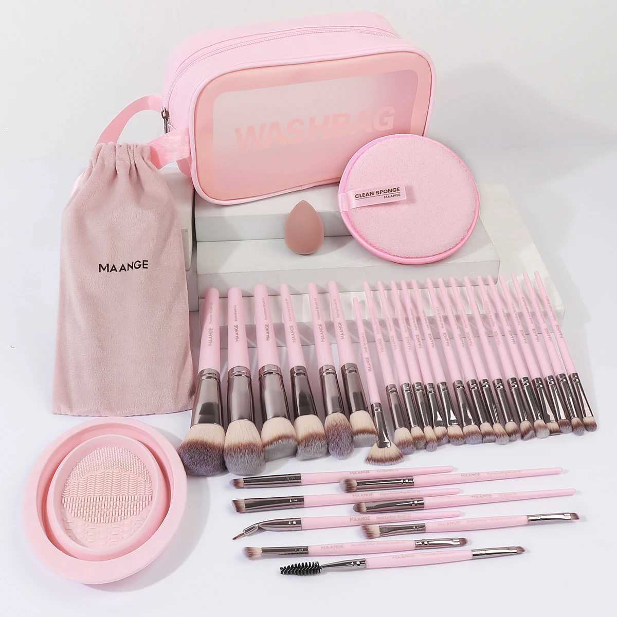 MAANGE 34PCS Makeup Tools Kit 30PCS Foundation Eyeshadow Blush Makeup Brush Cosmetic Makeup Remover Puff Sponge Set with Bag Z260408