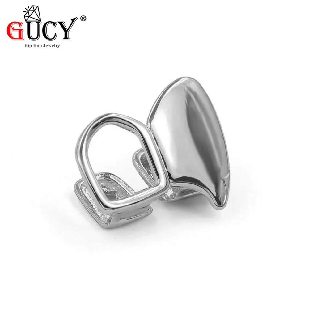 GUCY Hip Hop Double Cap Fang Yellow Gold Color Plated Canine Two Tooth Upper Top Left Fangs Hollow Teeth Grills 260407