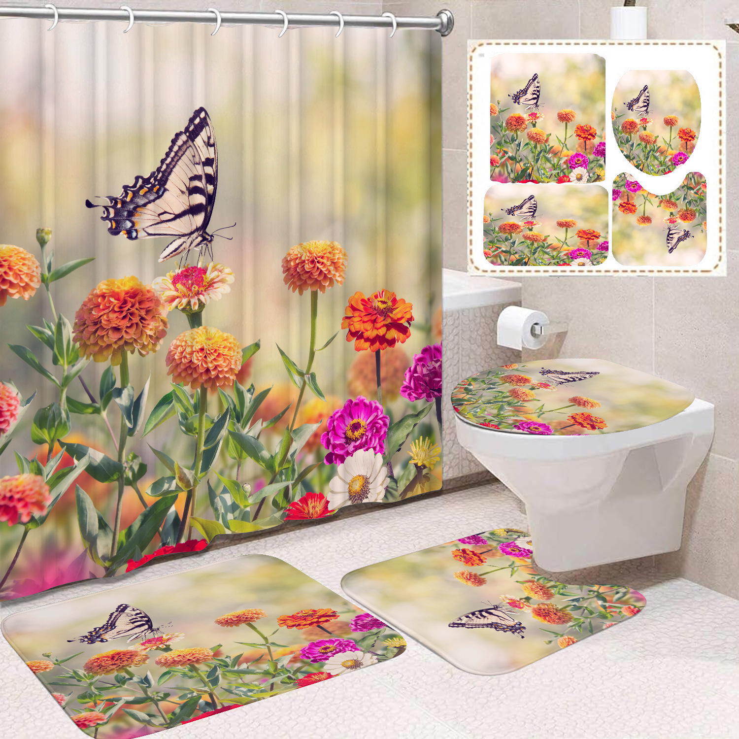 YL-38459 Home Decor Pink Butterfly and Flower Waterproof Shower Curtain Set (4 Pieces)