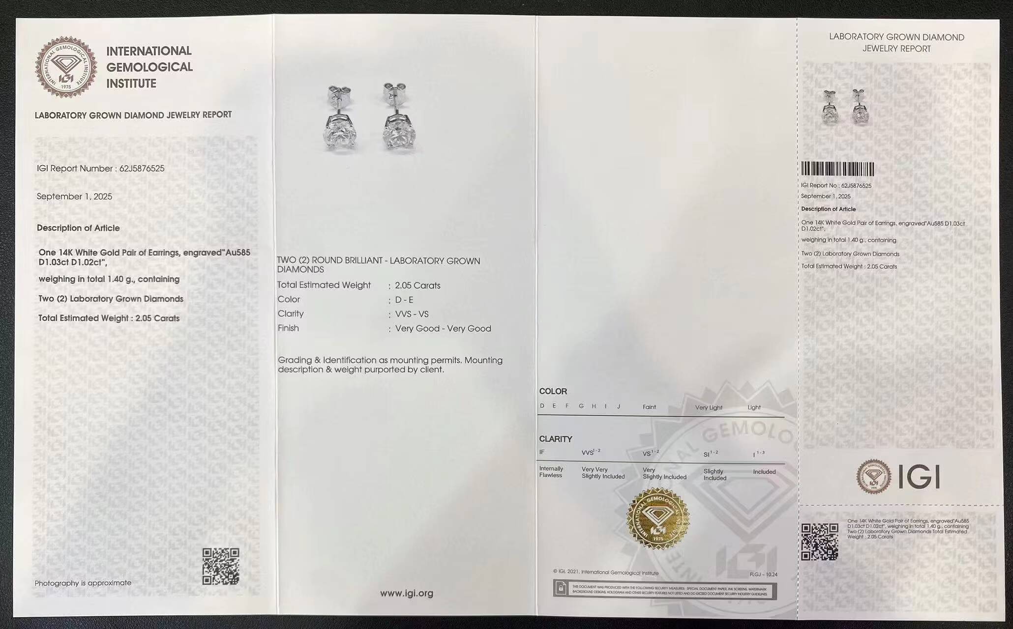 Classic 14k White Gold Brilliant Cut Lab-Created Diamond Stud Earrings Four-Prong Setting 65mm D Color IGI Certified Trendy