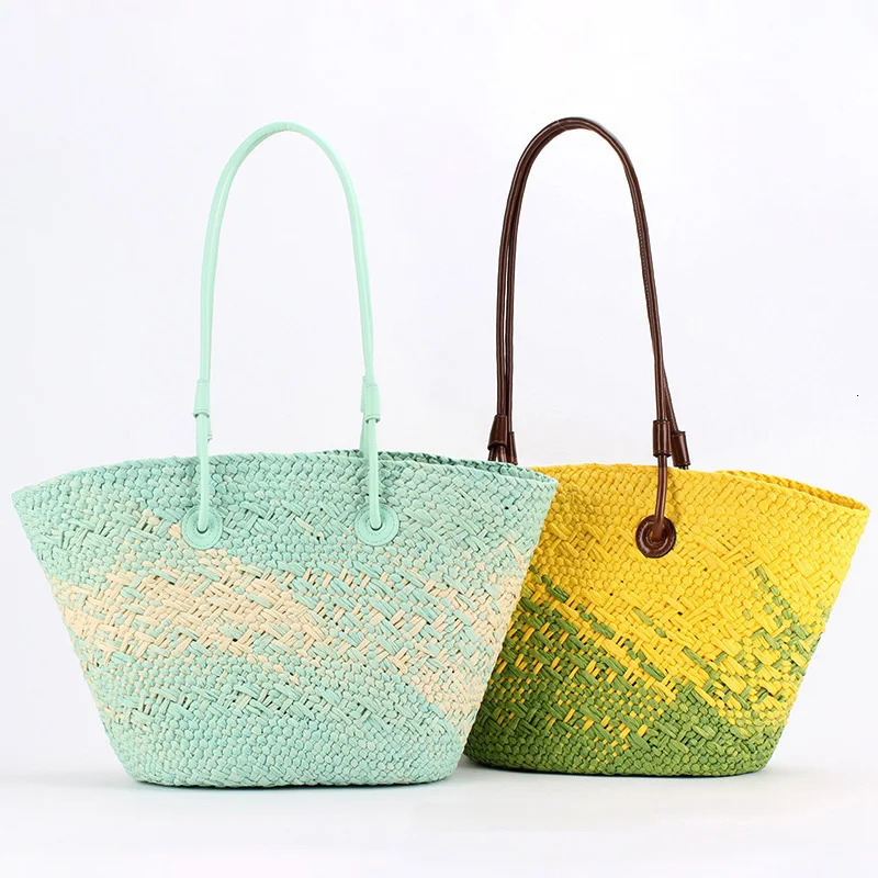 Gradient Color Straw Underarm Shoulder BagSummer Beach Vacation Travel Tote BagGrass Woven HandbagShopper Boho Market Basket 260407