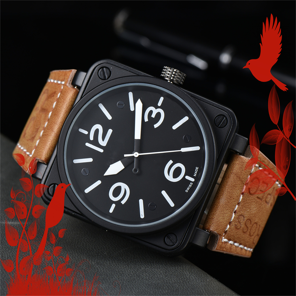 Mens INSTRUMENTS BELLity Wristwatches Men Automatic Mechanical ROSSity Watch Brown Leather Black Rubber watches Multifunction Six Stitches #8135