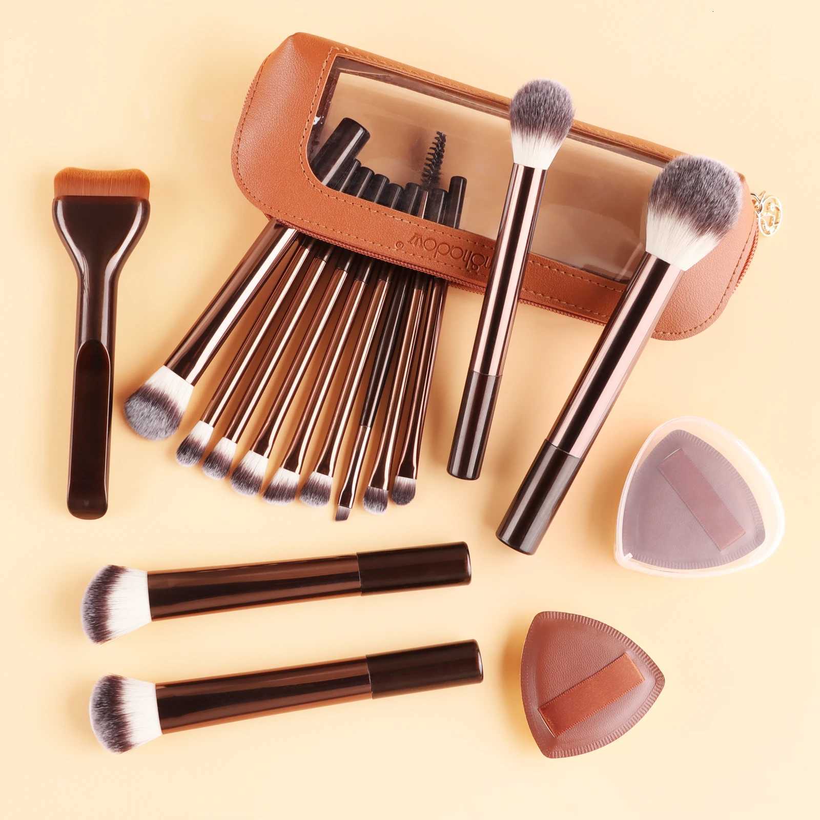14 Pcs Makeup Brushes Kit with 2 Puffs and 1 Travel Cosmetic Bag for Foundation Eyeshadow Blush Z260408