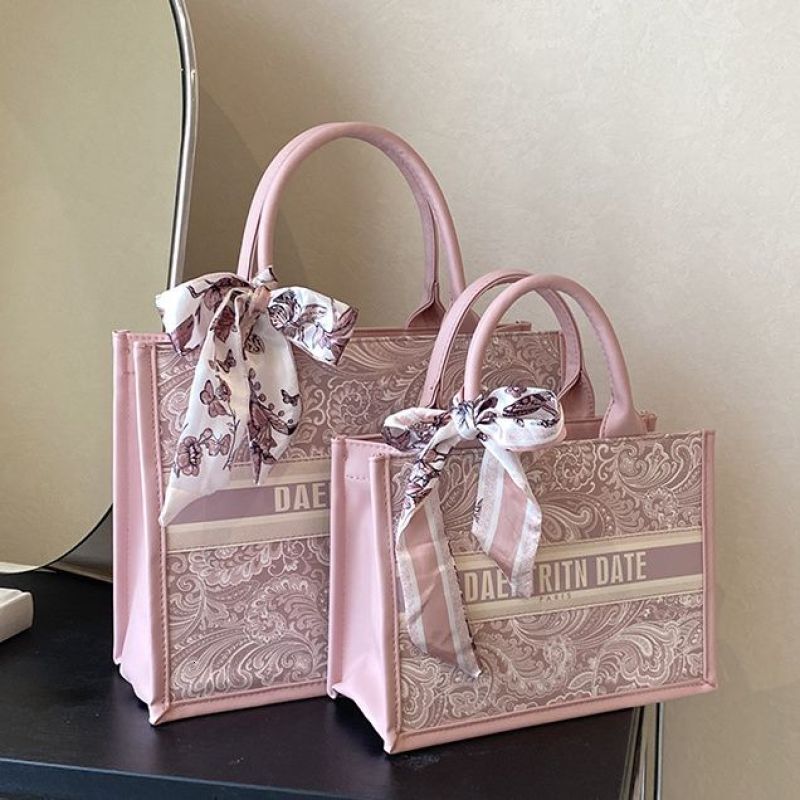 Large Pink Floral Tote Bag, Women's Elegant Shoulder Handbag with Scarf, Trendy 2026 Daily Commute Tote