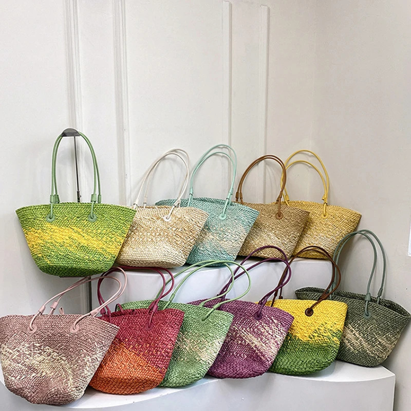 Gradient Color Straw Underarm Shoulder BagSummer Beach Vacation Travel Tote BagGrass Woven HandbagShopper Boho Market Basket 260407