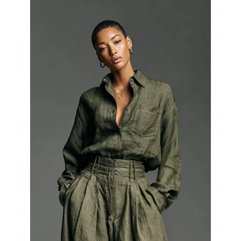 Vintage Women Two Piece Set Elegant Long Sleeve Shirt with Pocket Wide Leg Pants Autumn Army Green Loose Chic Outfits 260408