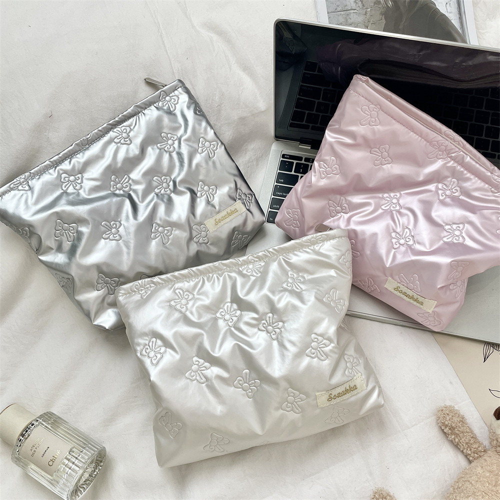 Storage Bag Korean Style Quilted Heart Pattern Glossy Leather Luxury Texture Clutch Makeup Skincare Pouch Coin Purse Inner Liner Multifunctional