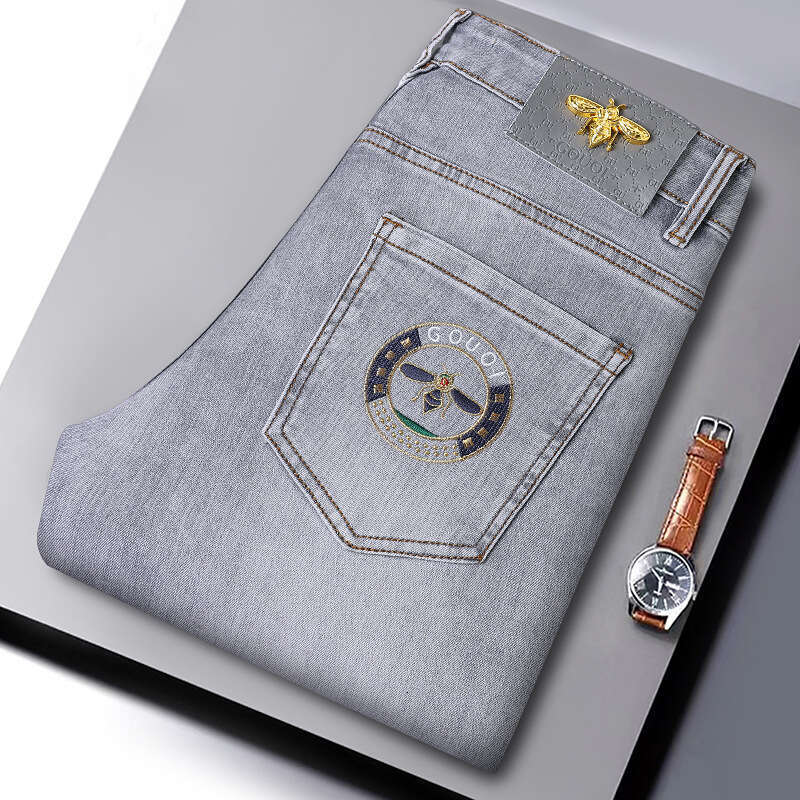 Spring Summer Mid Waist Stretch Slim Fit High End Embroidered Men's Long Ankle Length Pants Soft Breathable Lightweight Daily Wear Comfortable