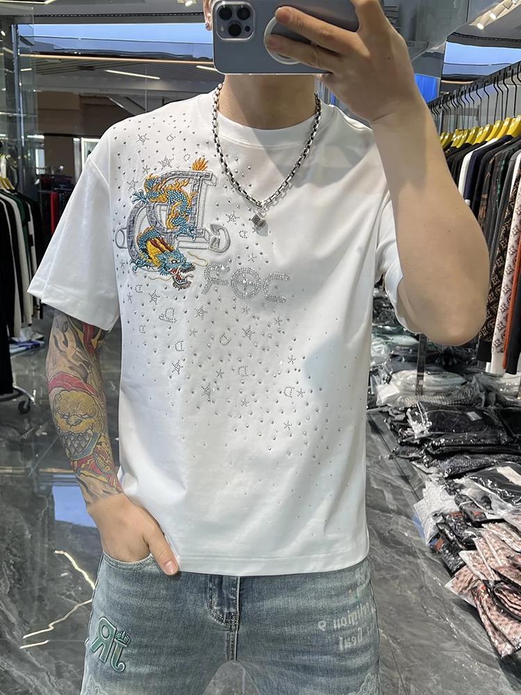 Luxury Brand Designer Clothes 2026 High-End Designer Apparel Men's European Letter Embroidery Print Rhinestone Round Neck Short Sleeve Trendy Cas