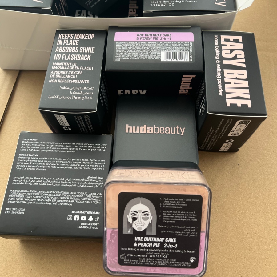 HUDAbeauty EASY BAKE LOOSE BAKING SETTING POWDER Duo UBE BIRTHDAY CAKE & PEACH PIE Loose Powder Airbrushed Natural Look Loose Powder Makeup SETTING PO