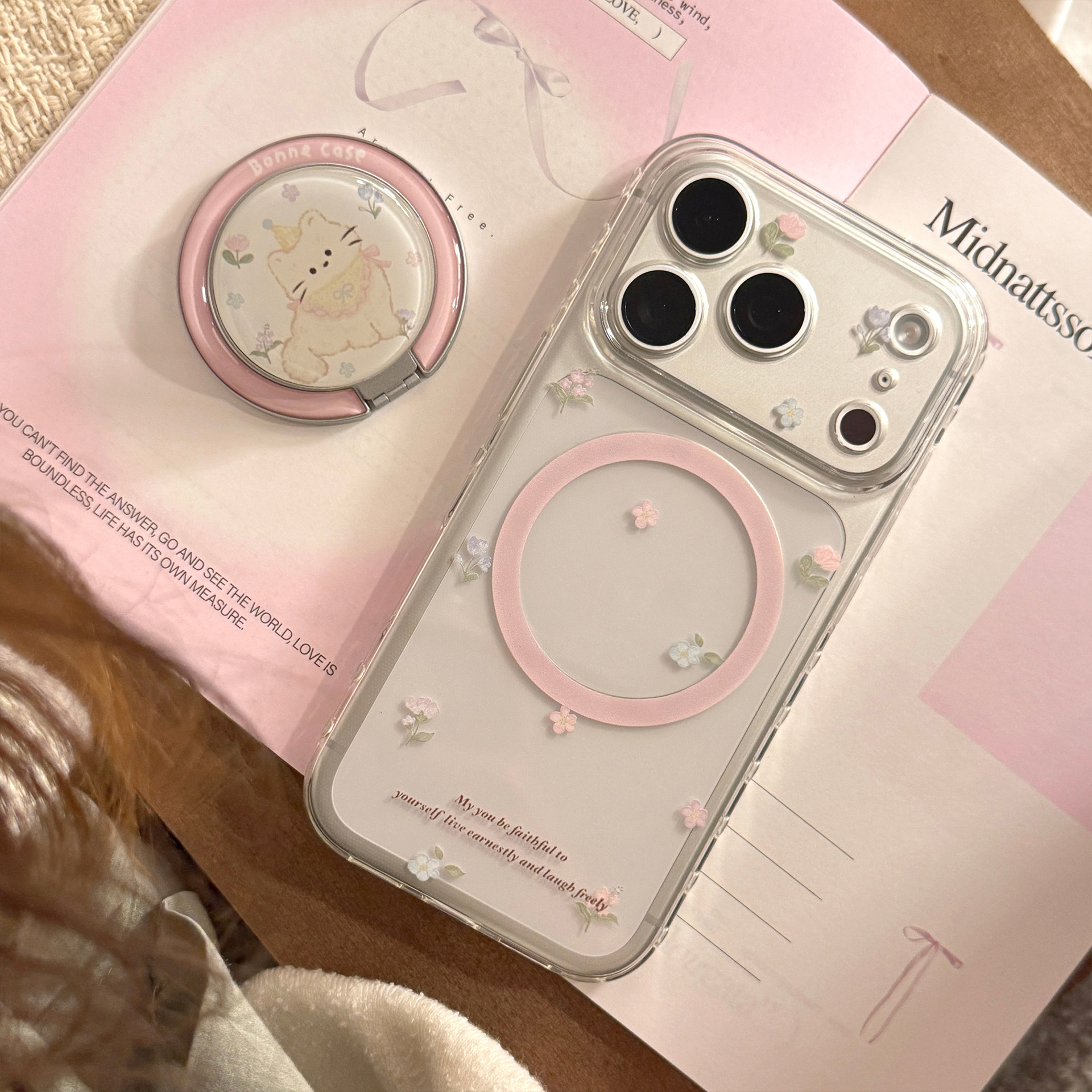 Flower Cat MagSafe Stand Case for iPhone 17 Pro Max 16 Clear Cartoon Cover