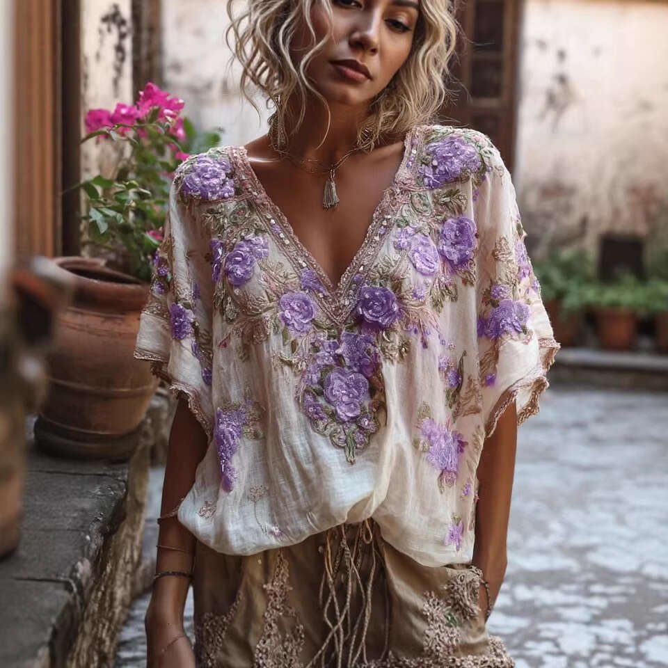 Cross-Border European American Summer New Style V-Neck Elegant And Artistic Retro Short-Sleeve Top For Women