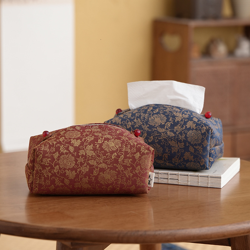 Tissue Box Cloud Gauze New Chinese Zen Retro Dark Pattern Print Elegant Luxury Lotus Pattern Tea Table Home Decor
