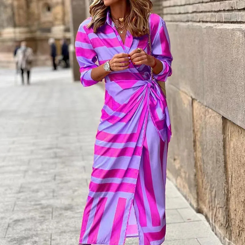 European and American cross-border fashion printed shirt collar lace-up midi striped dress 260407